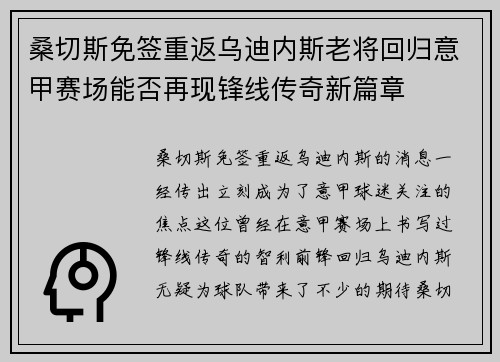 桑切斯免签重返乌迪内斯老将回归意甲赛场能否再现锋线传奇新篇章